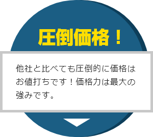 圧倒価格!他社と比べても圧倒的に価格はお値打ちです!価格力は最大の強みです。